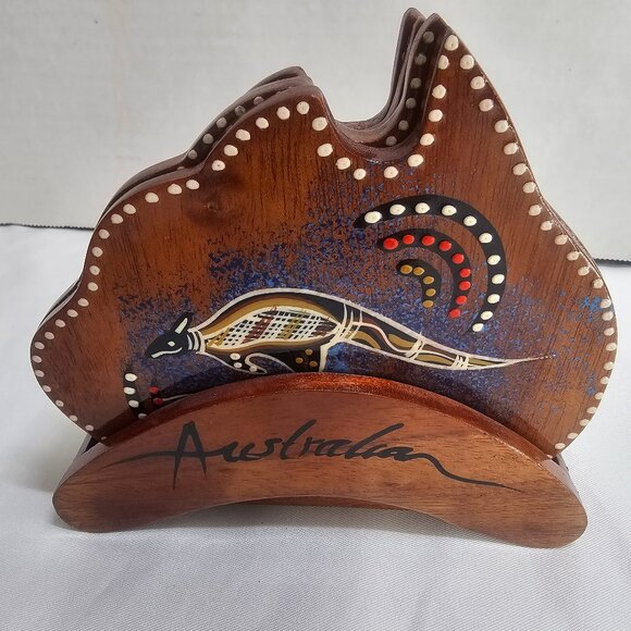 Australian Hand Painted Wooden Coasters with Kangaroos in Shape of Australia/Sig - Picture 1 of 10